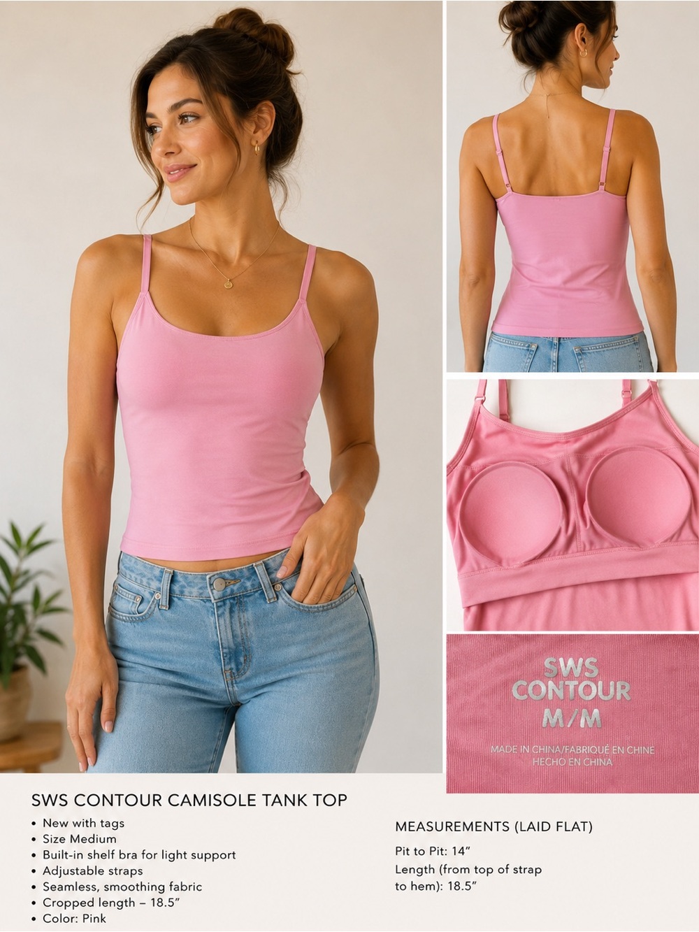 SWS Contour Pink Camisole Tank Top with Built-In Shelf Bra Size M Minimalist